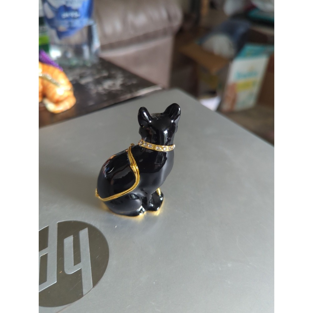 Black Cat Trinket Box Hinged Jeweled Collar Enameled Heavy - Black Pink - Picture 3 of 8